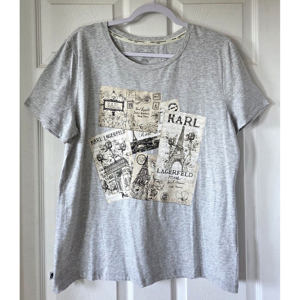 KARL LAGERFELD Women's Gray Postcards From Paris Short Sleeve T-Shirt Size L